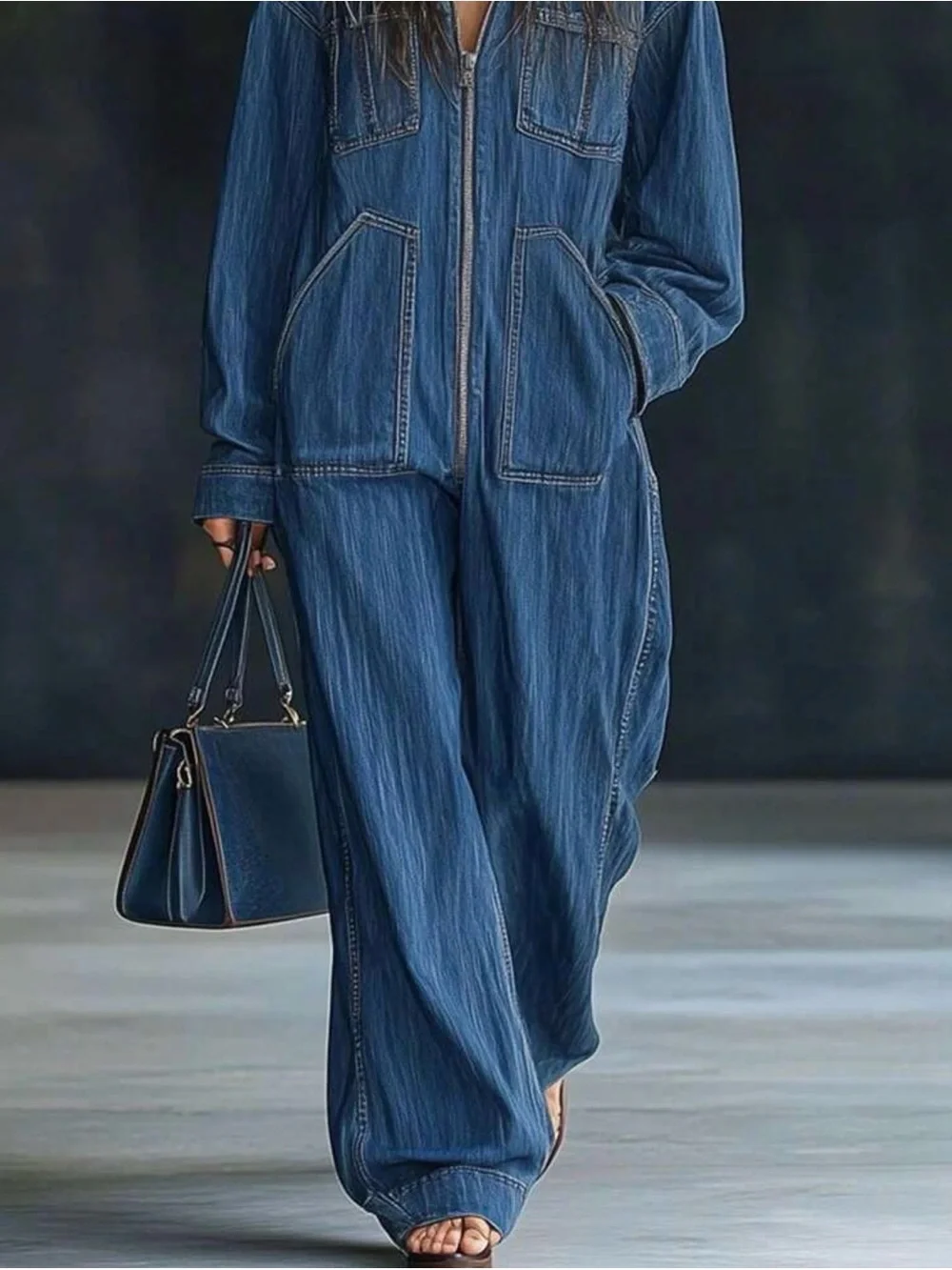 Denim Hooded Zip-Front Jumpsuit in Deep Blue - Picture 2 of 3
